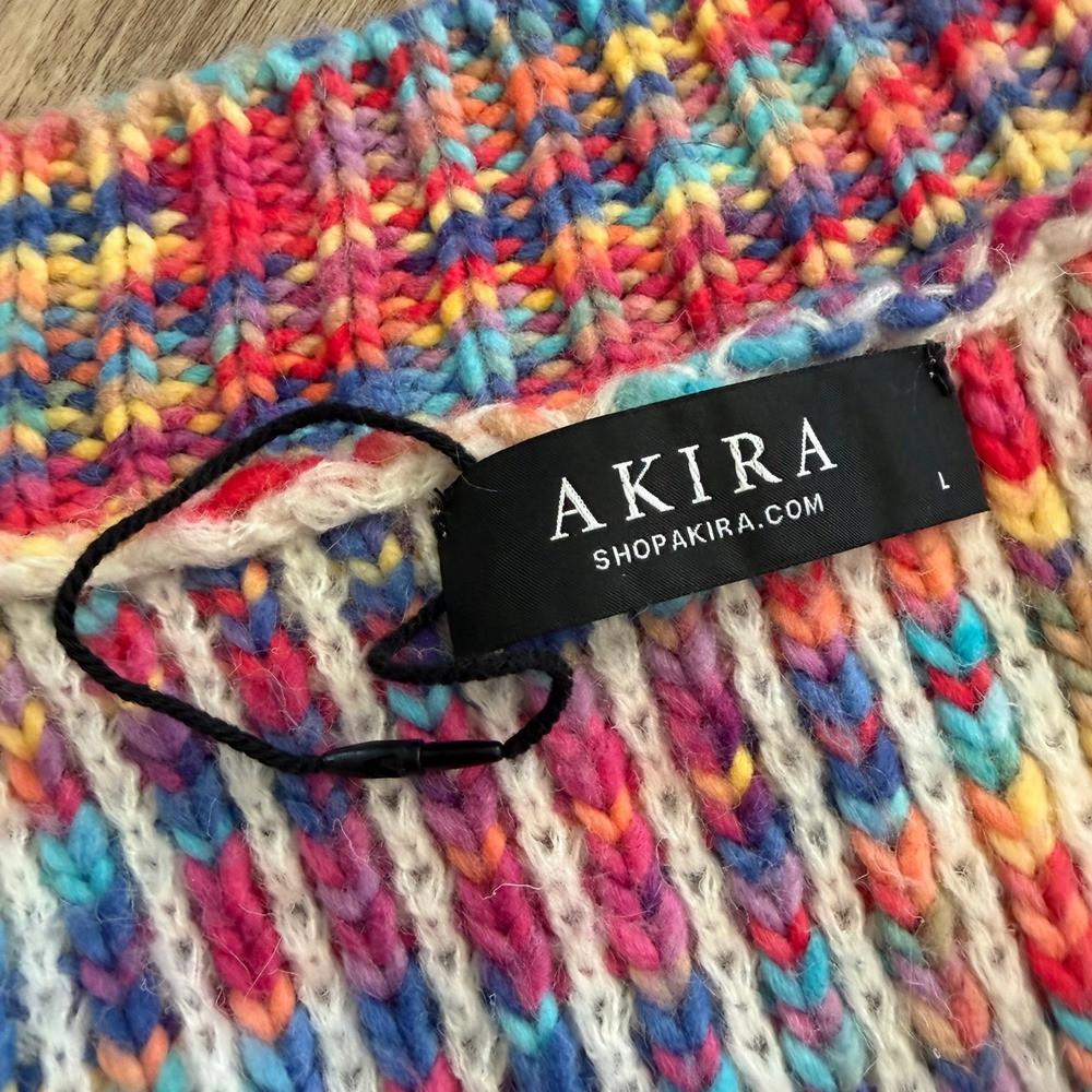 NWOT Akira Women's Rainbow Chunky Knit Fringe Cardigan Gold Button Multicolor L‎ - Picture 5 of 13